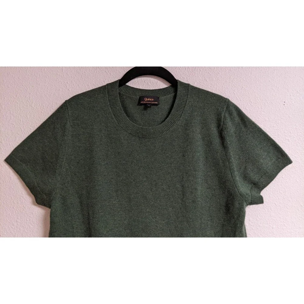 NEW~Women's QUINCE 100% Mongolian Cashmere Forest Green Short Sleeve Sweater L - Picture 3 of 7